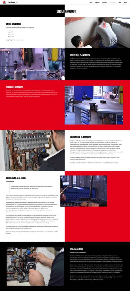 Screenshot of the offer page of the Durchbruch e.V. website - clear web design with strong contrasts, loud typography and minimalist color scheme in black, white and red.